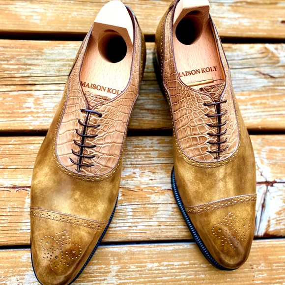 Maison Koly X Enzo Bonafe Magnat Oxfords Khaki Museum Calf leather and Alligator - Picture 2 of 4